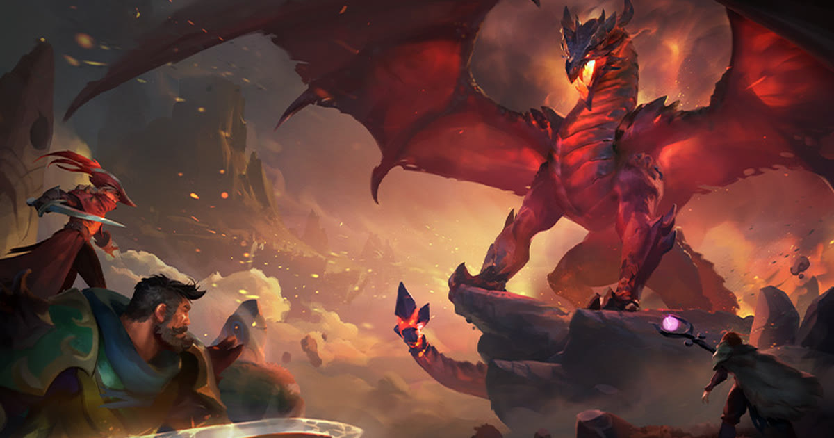 Artwork resmi Dragonfire: naga api merah bertengger di tebing, dihadapi empat petualang Albion Online