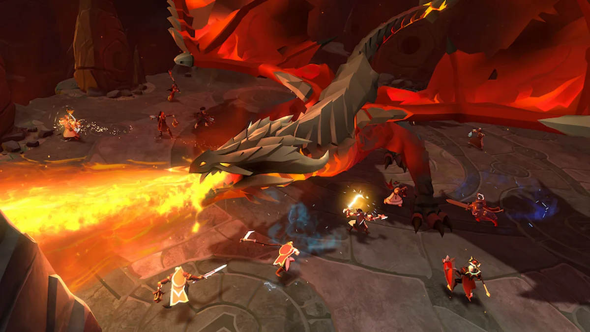 Azaryon, naga api merah, menyemburkan api ke arah raid pemain di arena Dragon Sanctuary