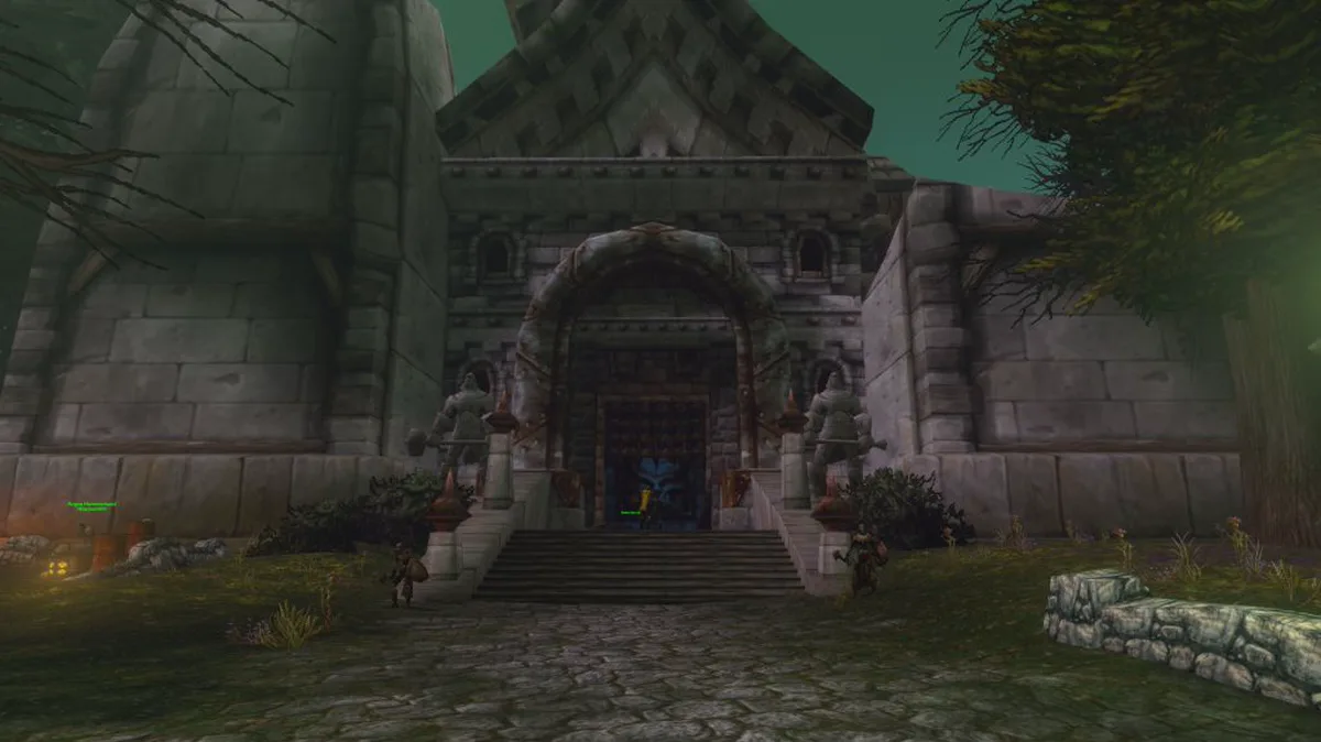 Gerbang batu Bandarion Keep di Tirisfal Glades, tempat questline Undead Paladin dimulai di WoW Forever