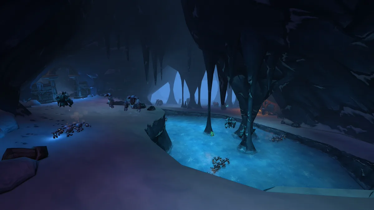 Gua bawah tanah bercahaya biru di raid Barrow Deeps, raid 10 pemain WoW Forever