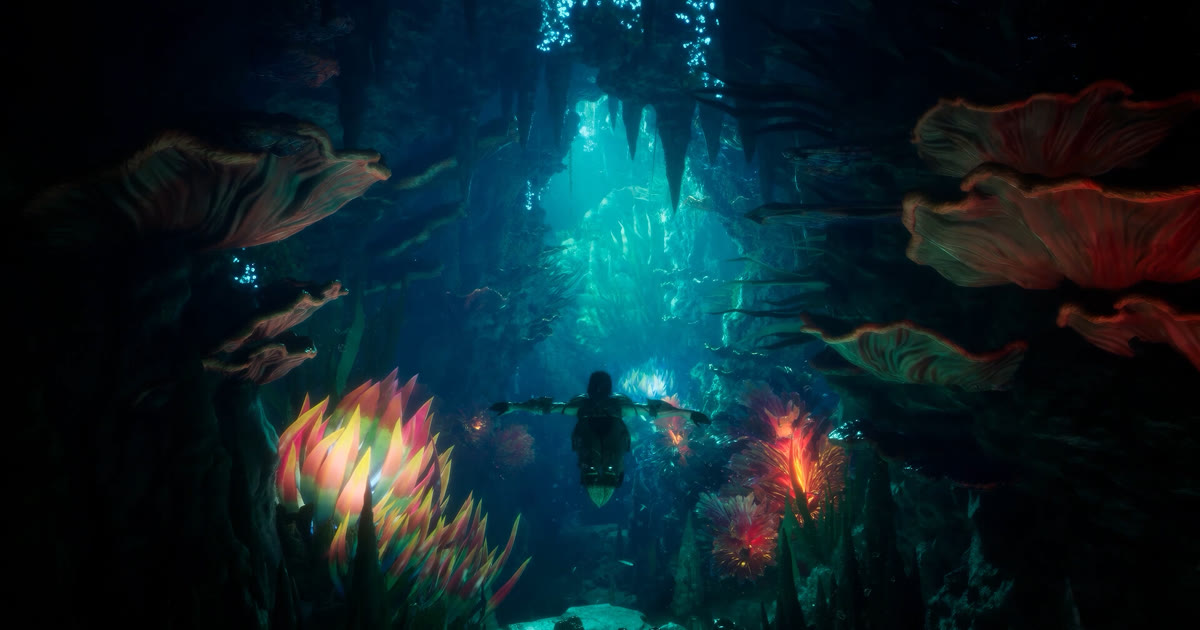 Karakter AION 2 berenang di gua bawah air penuh karang bercahaya merah dan biru, screenshot resmi halaman Steam