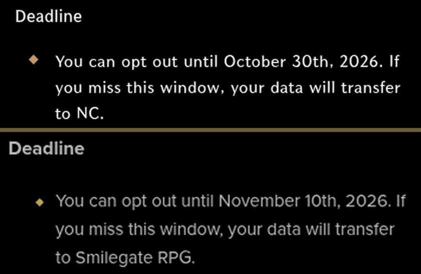 Potongan halaman support resmi: opt-out Throne and Liberty sampai 30 Oktober 2026, Lost Ark sampai 10 November 2026