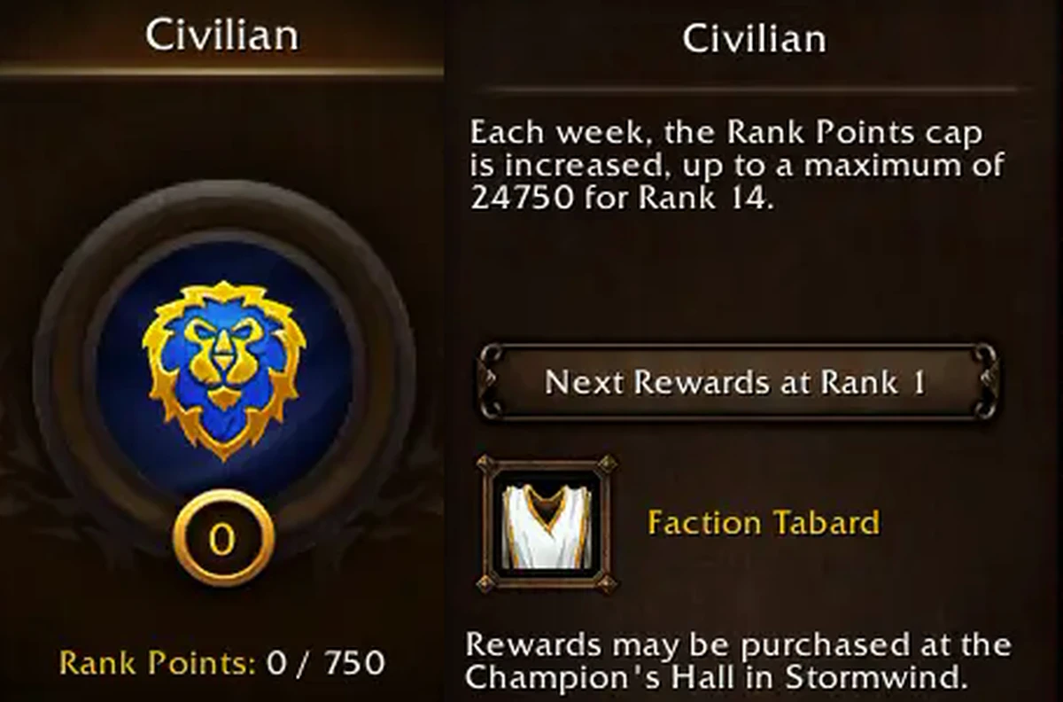 Jendela PvP client beta WoW Forever: Rank Points 0 dari 750, batas Rank Points naik tiap minggu sampai 24750 untuk Rank 14