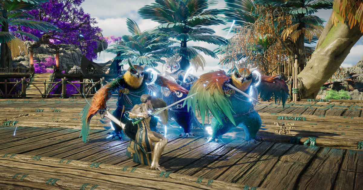Karakter AION 2 bertarung melawan tiga monster berbulu di dermaga kayu, sumber drop Kina di open world