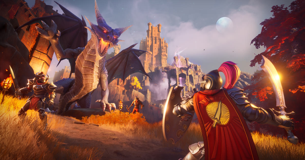 Ksatria berjubah merah dan pasukannya menghadapi naga ungu di depan kastil, screenshot resmi RuneScape: Dragonwilds