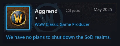 Posting Aggrend, WoW Classic Game Producer, Mei 2025: tidak ada rencana menutup realm Season of Discovery