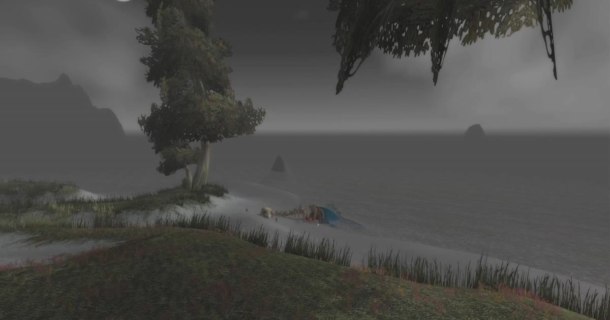 Pantai Darkshore yang mendung di WoW Forever, zona leveling tempat beast bisa di-skin untuk Pristine Leather