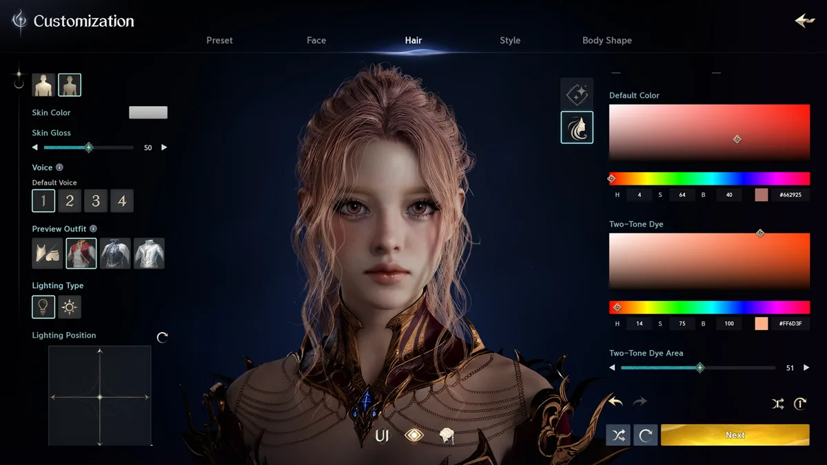 Layar character creator AION 2 dengan panel warna rambut dan wajah karakter perempuan berambut merah muda