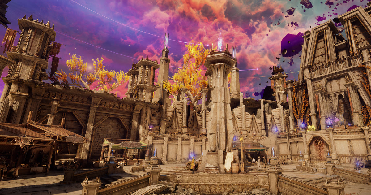 Kota benteng AION 2 dengan kios pedagang di pelataran batu dan langit ungu, suasana sebelum server dibuka
