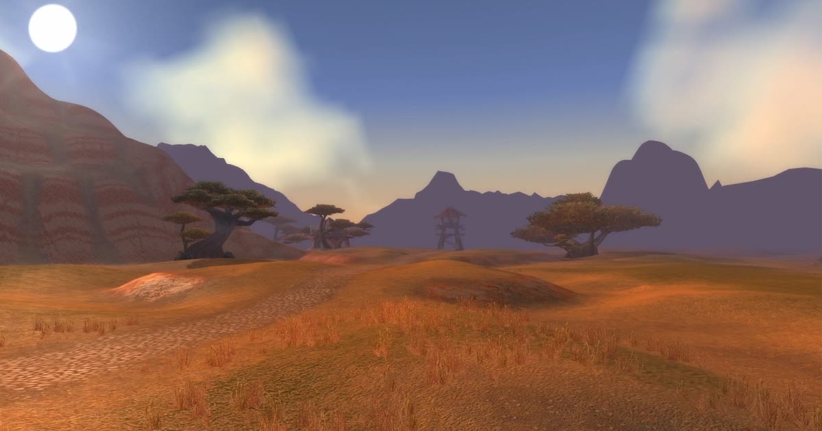 Padang rumput The Barrens dengan pohon akasia dan menara jaga Horde dalam tampilan grafis baru WoW Forever