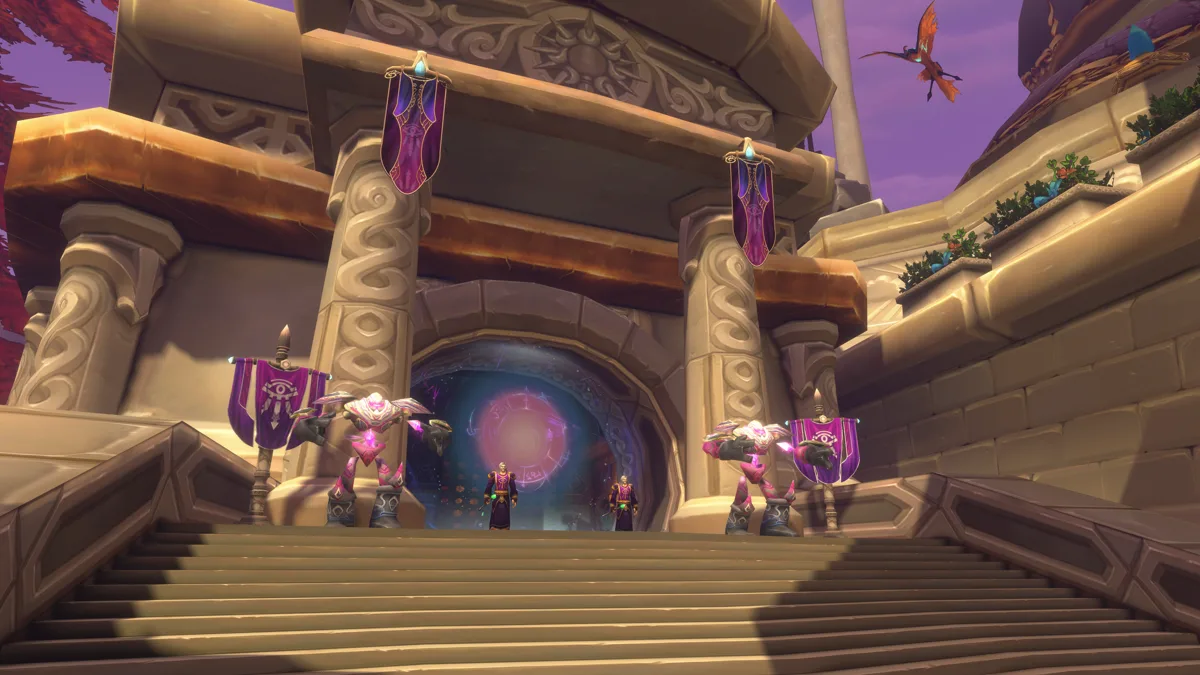 Tangga batu menuju gerbang ungu City of Dalaran dengan dua penjaga arcane, dungeon level 28–33 WoW Forever