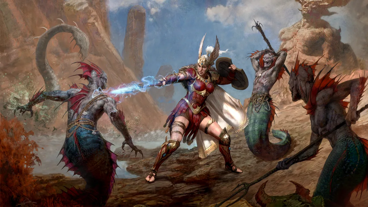 Amazon Diablo IV memakai armor merah emas dan tombak listrik melawan monster ular laut di Skovos
