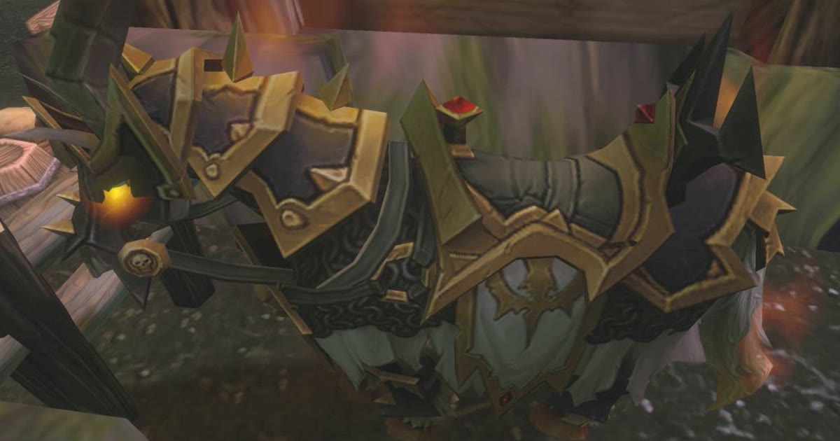 Charger berarmor emas dan hitam, epic mount Paladin Undead di WoW Forever