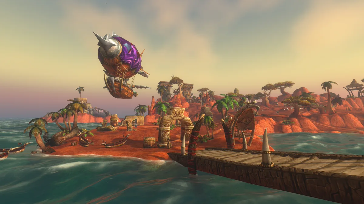 Pulau batu merah dengan dermaga kayu dan zeppelin goblin di battleground Darkspear Islands