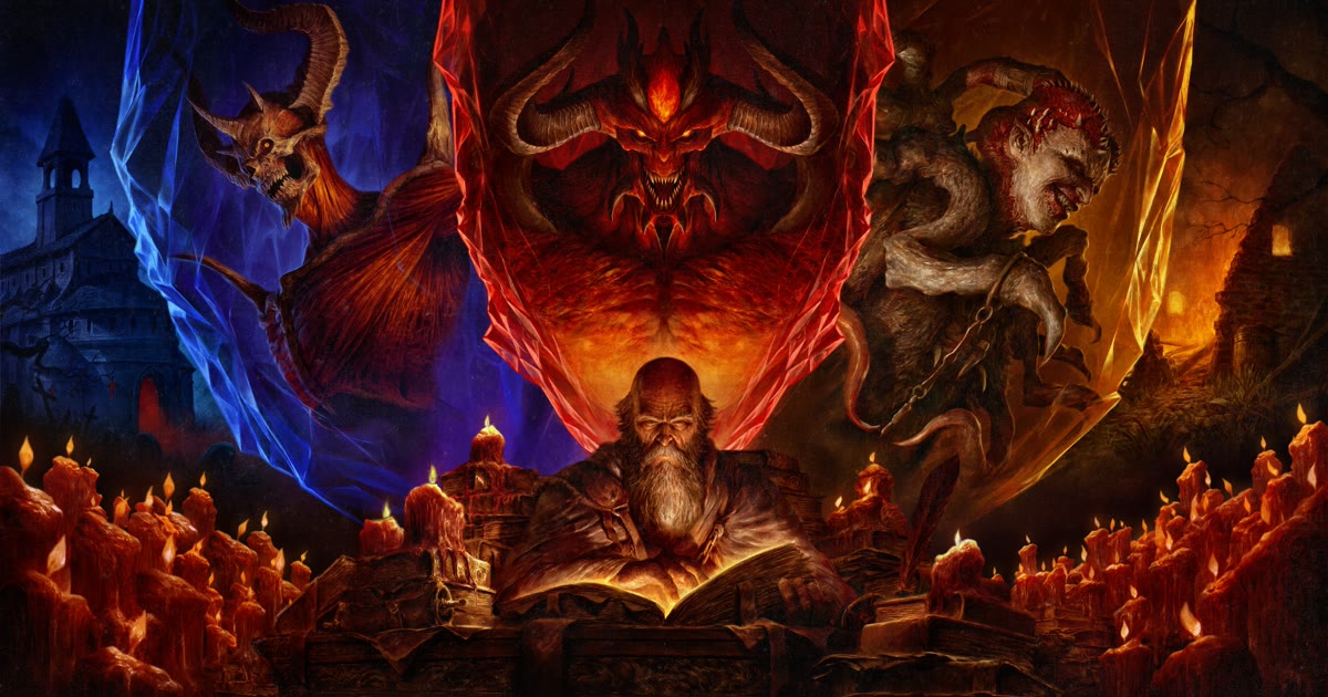 Key art Season of Hell's Legacy: Deckard Cain membaca buku di depan Baal, Diablo, dan Mephisto
