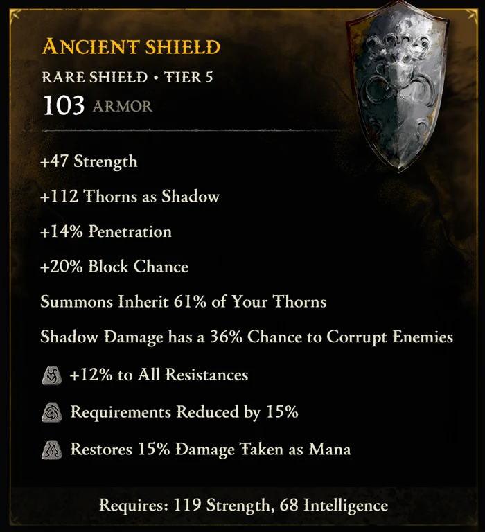 Kartu item Ancient Shield Diablo V dengan syarat 119 Strength dan 68 Intelligence di baris bawah