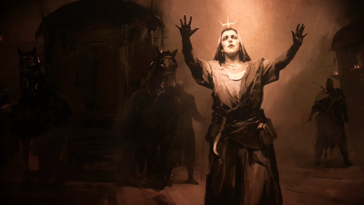 Concept art Diablo V: penyintas berjubah mengangkat kedua tangan di depan rombongan karavan
