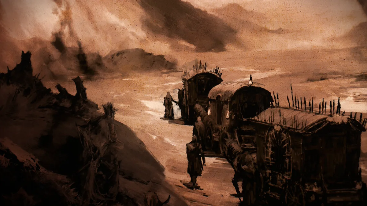 Concept art Diablo V: karavan kereta kayu berjalan di padang tandus yang hangus