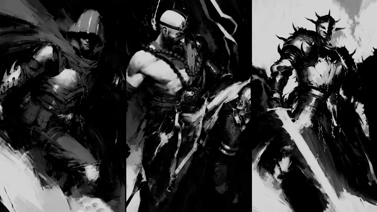Concept art tiga class pertama Diablo V: Demon Hunter, Monk, dan Plague Knight