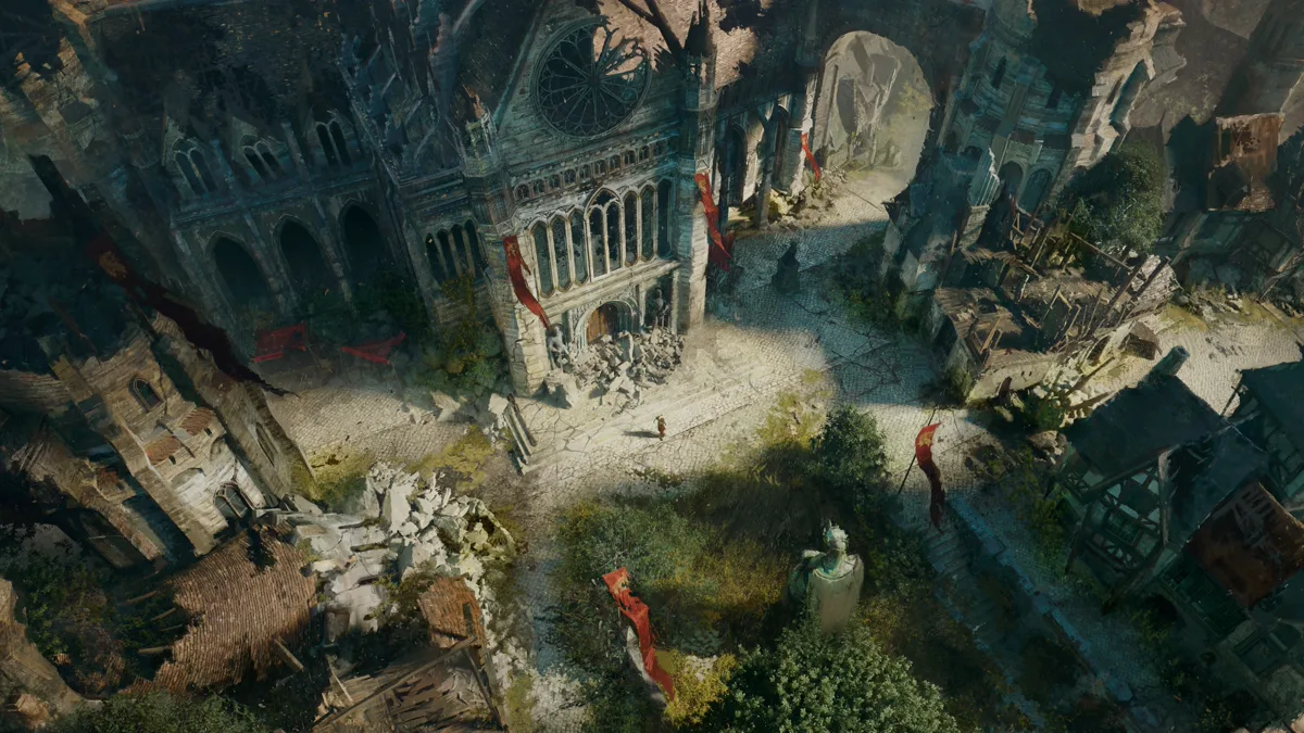 Concept art Diablo V: katedral dan kota Westmarch yang runtuh dilihat dari atas