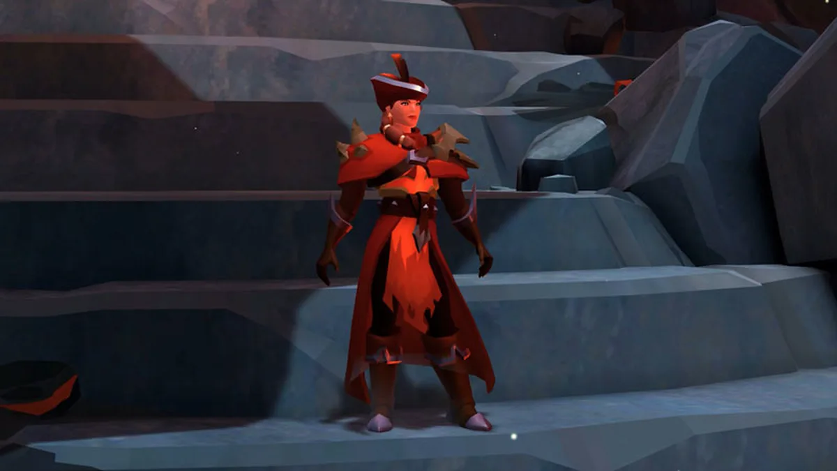 Karakter memakai set Dragonslayer Armor merah dengan aksen sisik naga