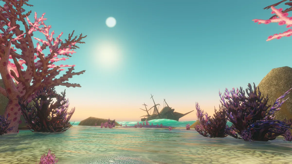 Bangkai kapal bajak laut di antara karang dekat Drowned City, dungeon lepas pantai Stranglethorn Vale di WoW Forever