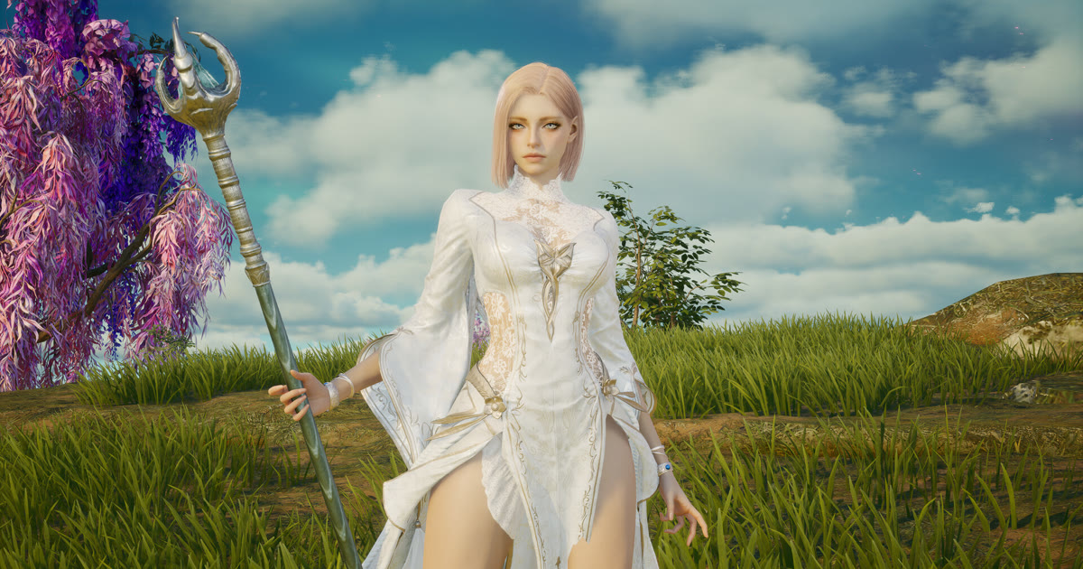 Karakter AION 2 berbaju putih membawa tongkat di padang rumput, screenshot resmi halaman Steam