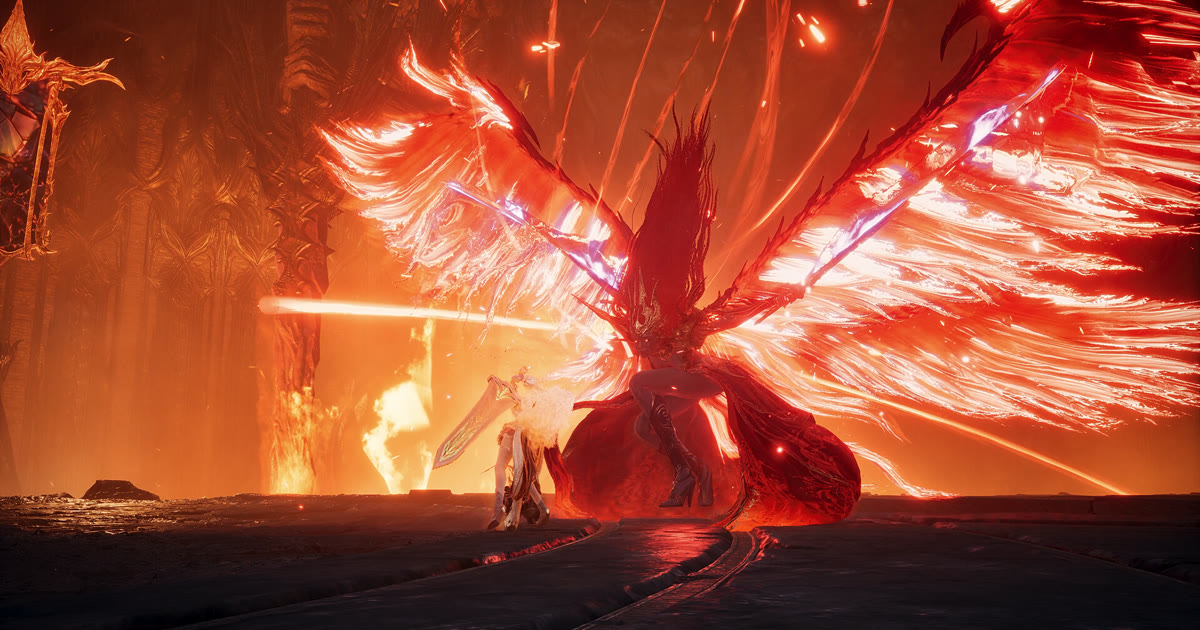 Karakter AION 2 berhadapan dengan boss bersayap api merah di ruangan penuh lava, screenshot resmi halaman Steam