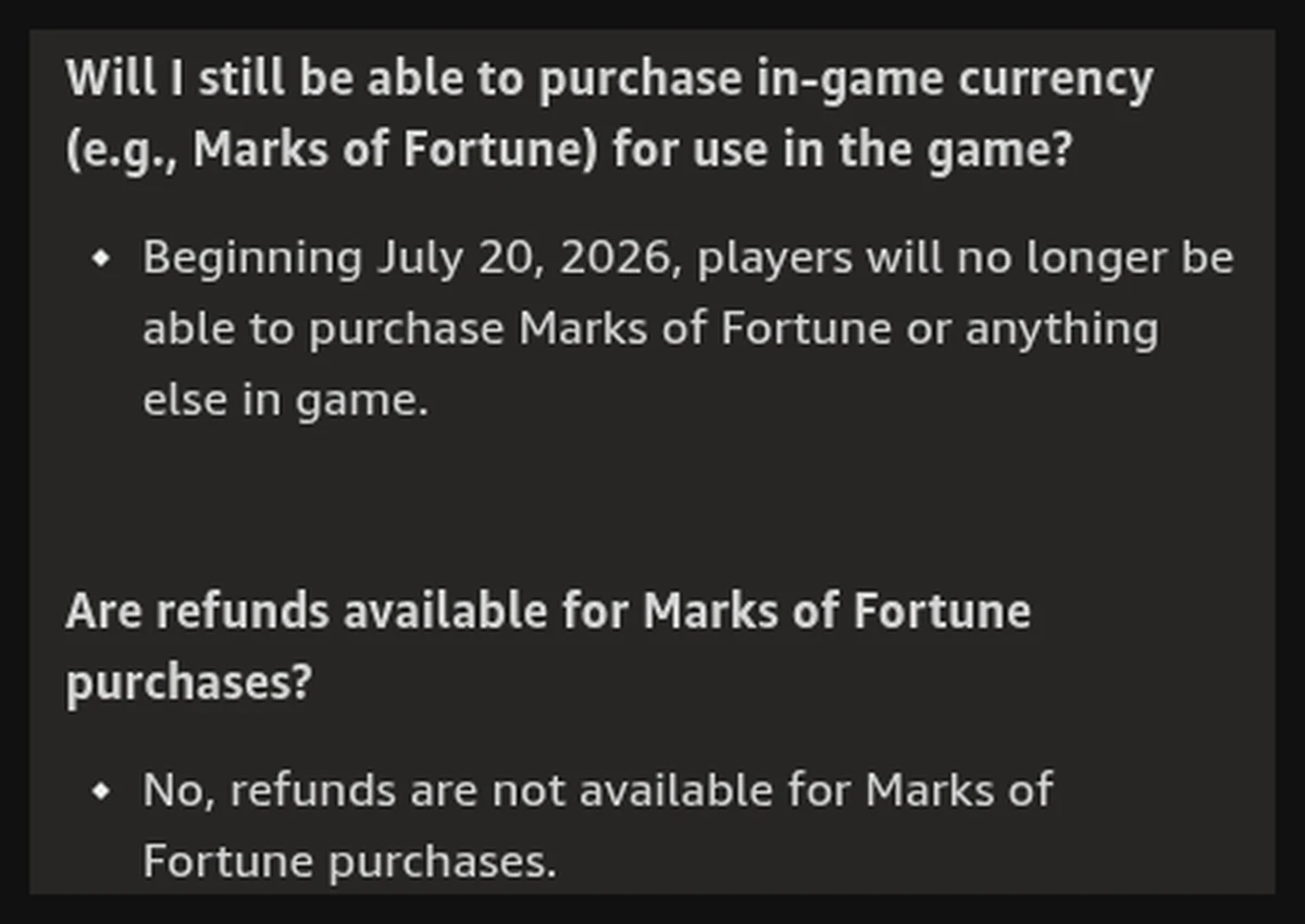 FAQ resmi New World: Marks of Fortune tidak bisa dibeli sejak 20 Juli 2026 dan tidak ada refund