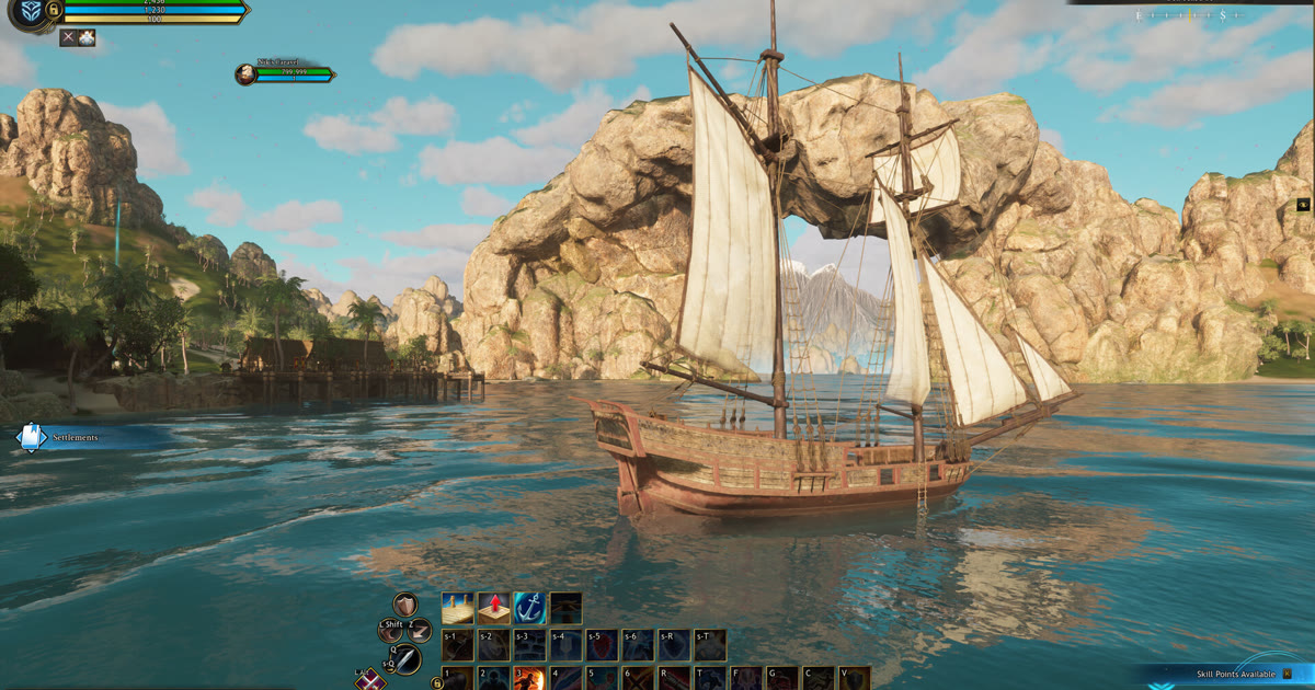 Kapal layar berlabuh di teluk dengan tebing batu melengkung, screenshot early access Ashes of Creation di Steam