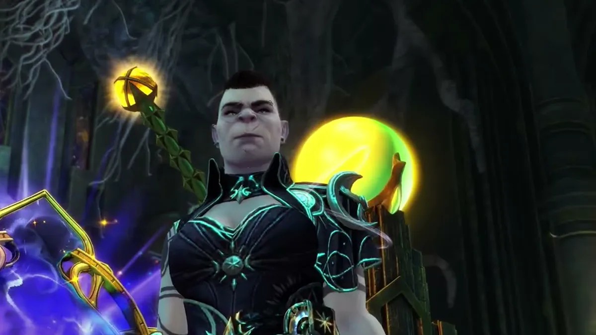 Karakter berarmor gelap bermotif biru di depan portal ungu, cuplikan trailer Code of Creation Guild Wars 2