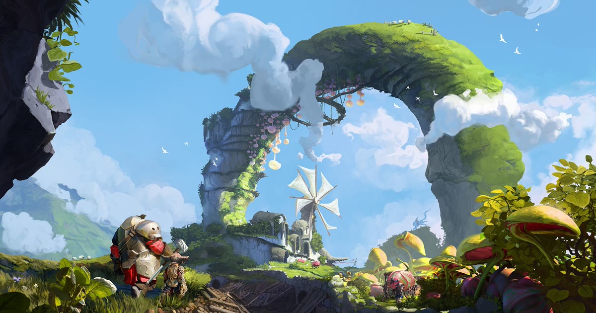 Kodan berarmor dan asura membawa palu berdiri di depan lengkungan batu berlumut dan kincir angin, concept art Guild Wars 3