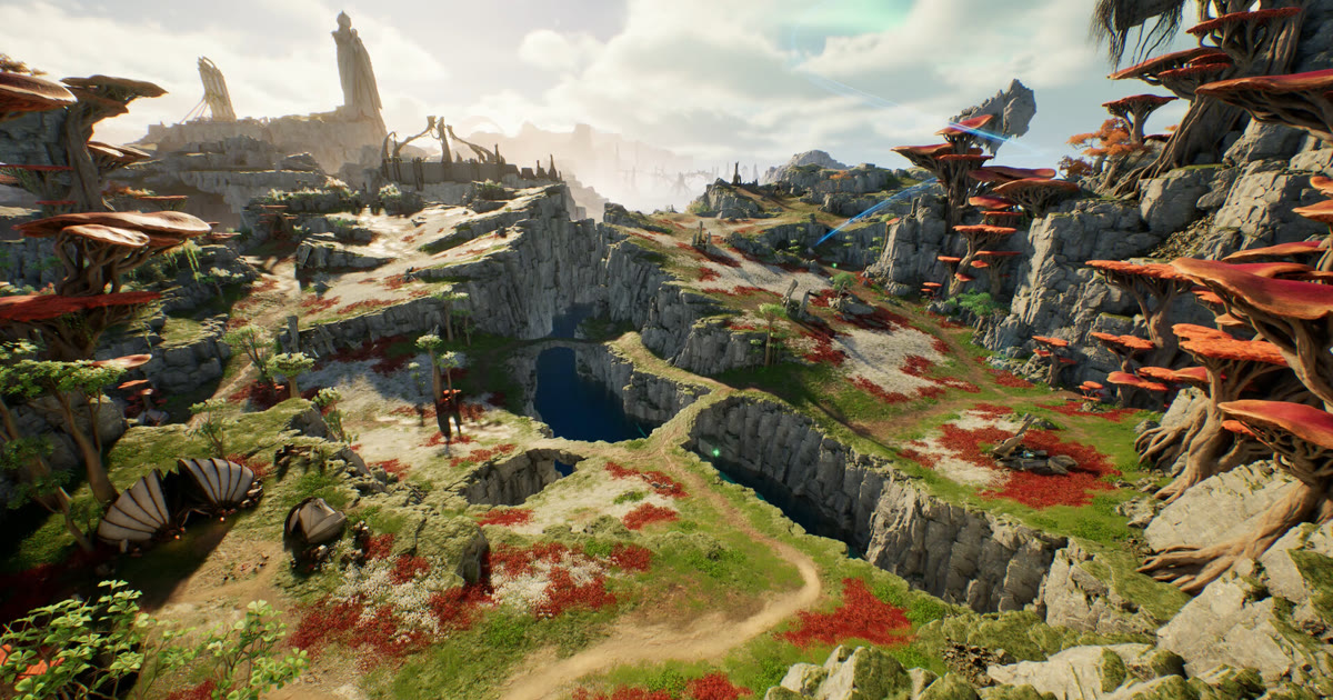 Lembah berbatu dengan jamur raksasa merah dan jalan setapak di AION 2, screenshot resmi dari halaman Steam