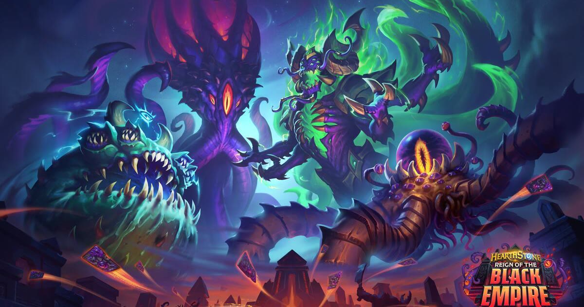 Key art Reign of the Black Empire: Old God Y'Shaarj, N'Zoth, Yogg-Saron, dan C'Thun menyerang dunia Azeroth kuno