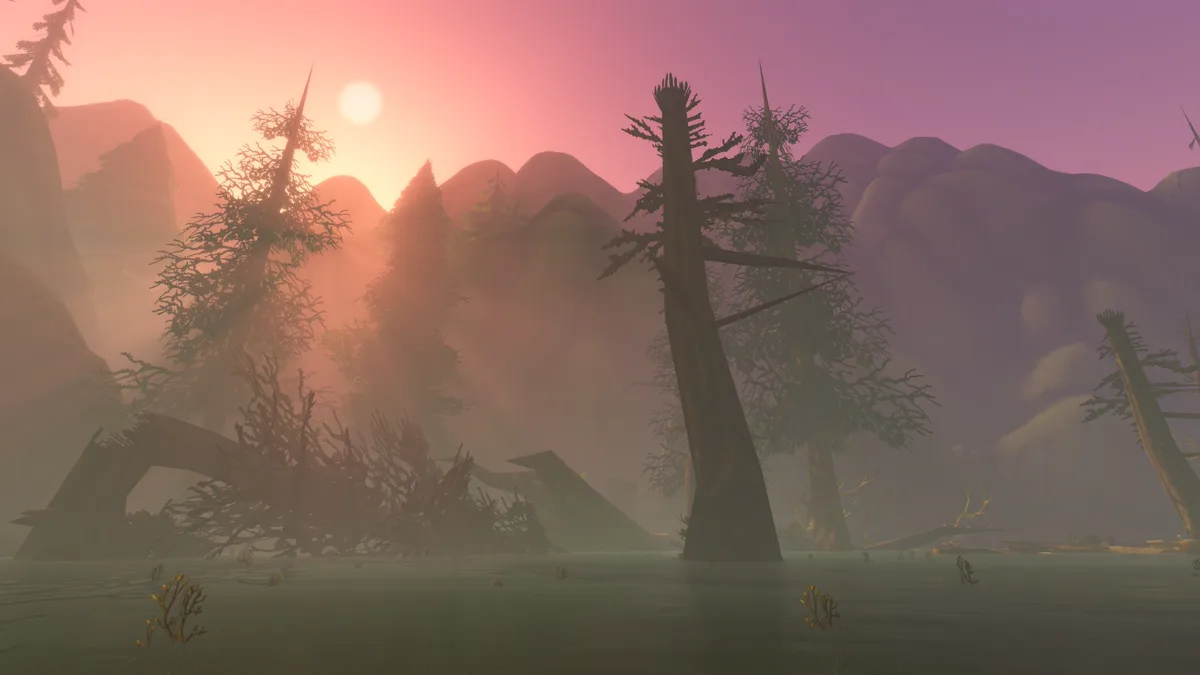 Rawa berkabut dan pohon pinus patah di Mount Hyjal saat senja, area raid Hyjal Summit untuk 20 pemain