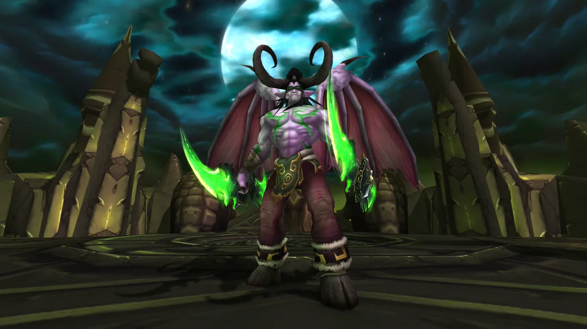 Illidan Stormrage berdiri di atap Black Temple dengan dua Warglaive hijau di TBC Anniversary