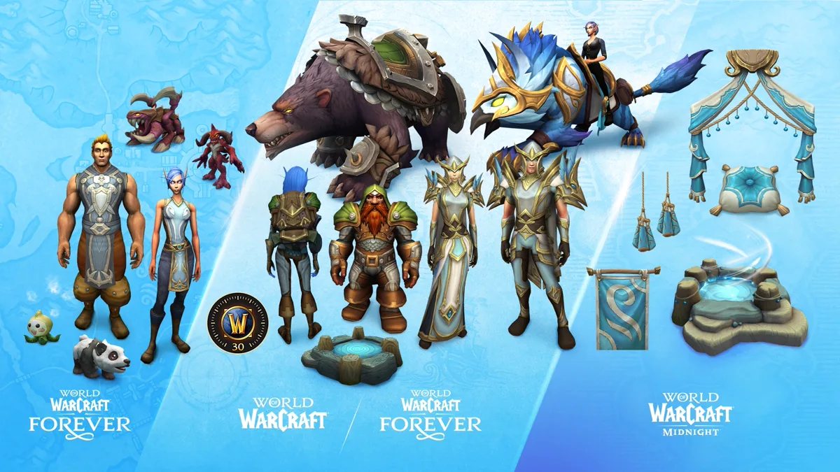 Isi Skyborne Epic Pack: set armor Skyborne, dua mount berpelana, beberapa pet, token 30 hari Game Time, dan dekor housing