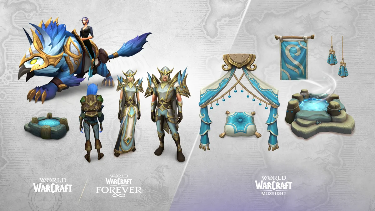 Isi Skyborne Heroic Pack: mount Cerulean Prideclaw, set armor Skyborne, rucksack, toy, dan dekor housing