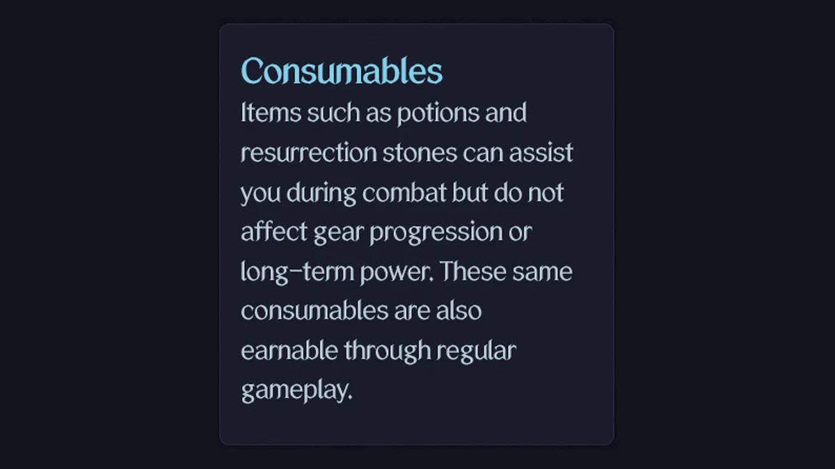 Kutipan pengumuman resmi NCSOFT: consumable di shop seperti potion dan batu kebangkitan tidak memengaruhi progres gear dan bisa didapat dari bermain