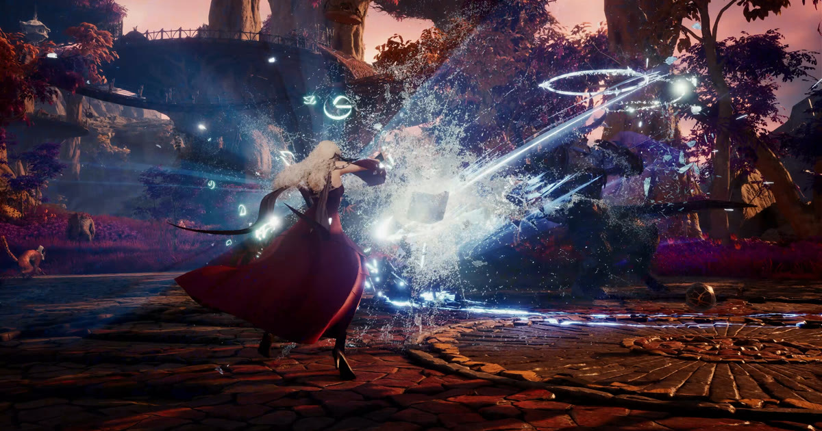 Karakter AION 2 bergaun merah menyerang musuh dengan skill es di hutan, screenshot resmi dari halaman Steam