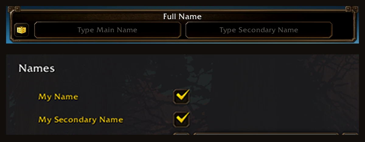 Kolom Full Name dengan isian Main Name dan Secondary Name, di bawahnya opsi Nameplates My Secondary Name