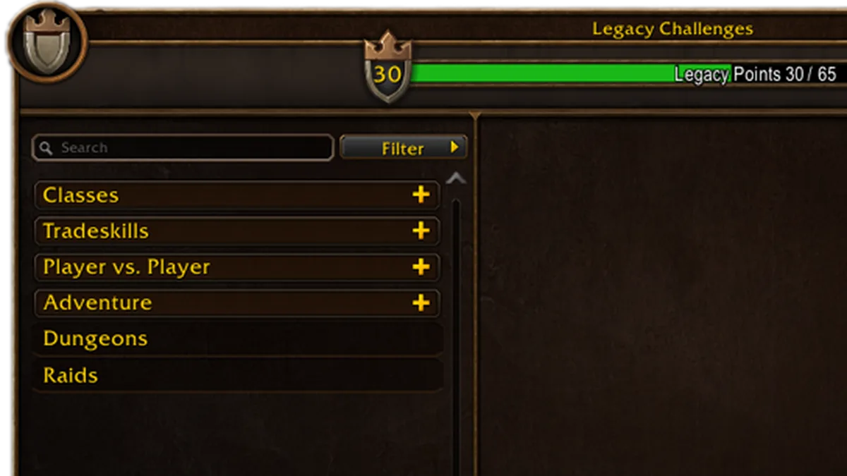 Jendela Legacy Challenges WoW Forever berisi kategori Classes, Tradeskills, Player vs. Player, Adventure, Dungeons, Raids