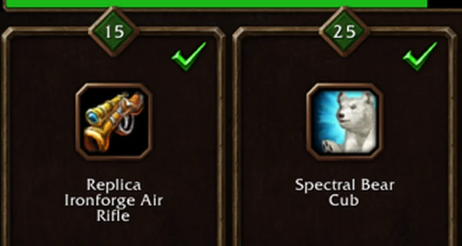 Legacy Reward Track dengan hadiah Replica Ironforge Air Rifle di 15 poin dan Spectral Bear Cub di 25 poin