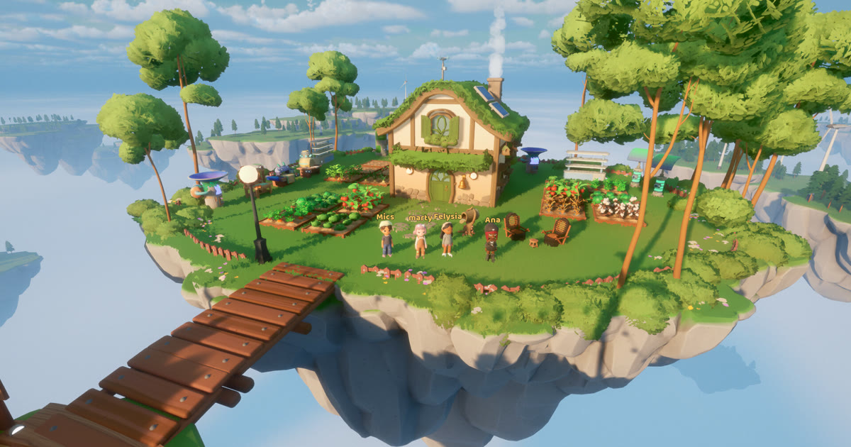 Pulau melayang di Loftia dengan rumah beratap rumput, kebun sayur, dan jembatan kayu, screenshot resmi dari halaman Steam