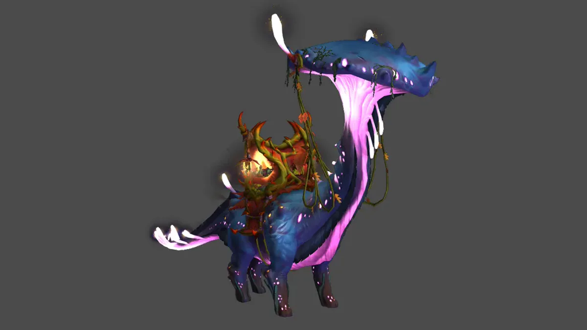 Render mount Sporebearer Fungal Strider: makhluk jamur biru berleher panjang dengan pelana akar dan lentera oranye di punggungnya