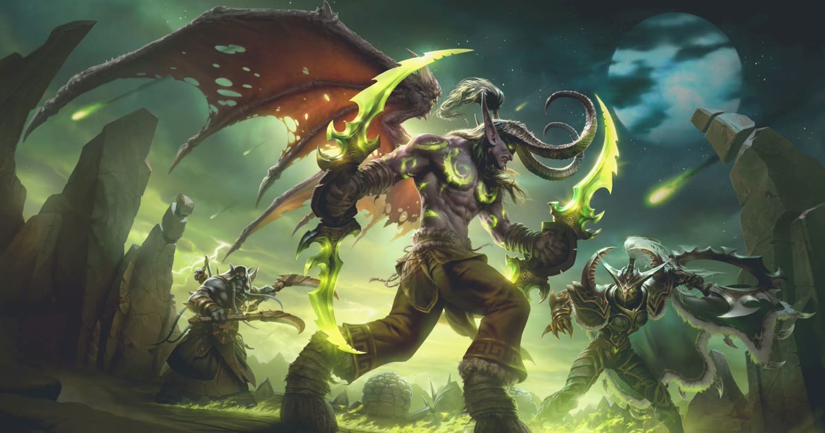Artwork resmi Black Temple: Illidan Stormrage dengan dua Warglaive hijau, konten fase 3 TBC Classic Anniversary