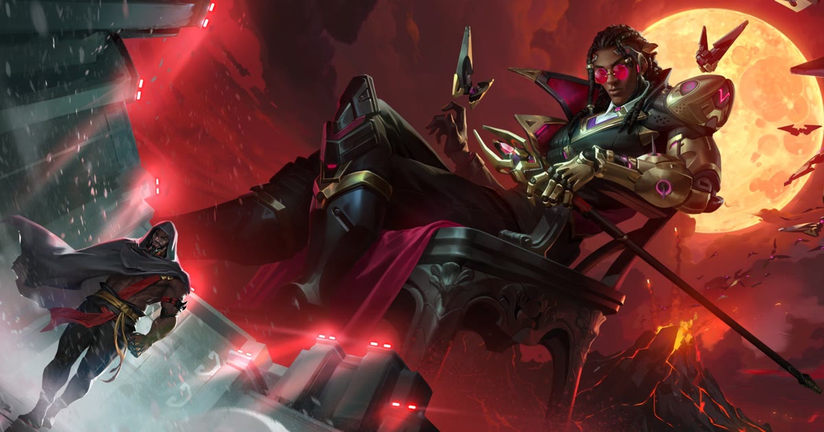 Key art resmi Doctrine, hero Support vampir Overwatch, duduk di singgasana dengan drone mirip kelelawar dan bulan merah