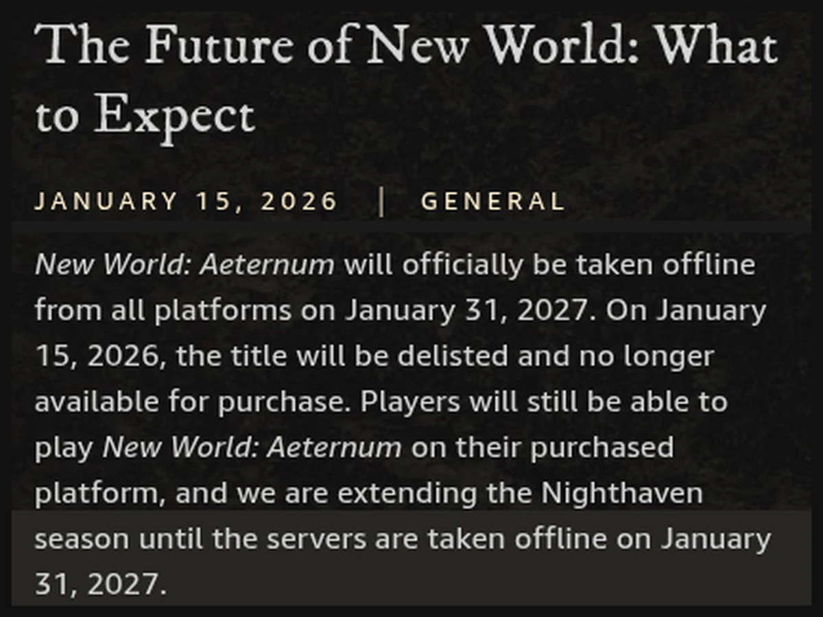 Potongan pengumuman resmi 15 Januari 2026: New World Aeternum offline dari semua platform pada 31 Januari 2027