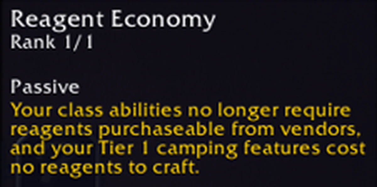 Tooltip perk Legacy Reagent Economy: ability class tidak butuh reagent vendor, objek camp tingkat 1 tanpa reagent
