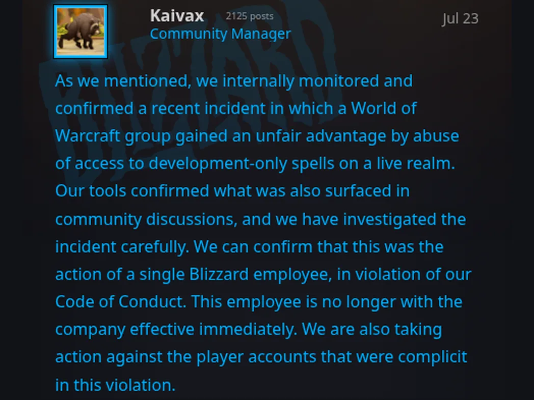 Postingan Kaivax, Community Manager Blizzard, 23 Juli 2026 tentang penyalahgunaan spell development di live realm